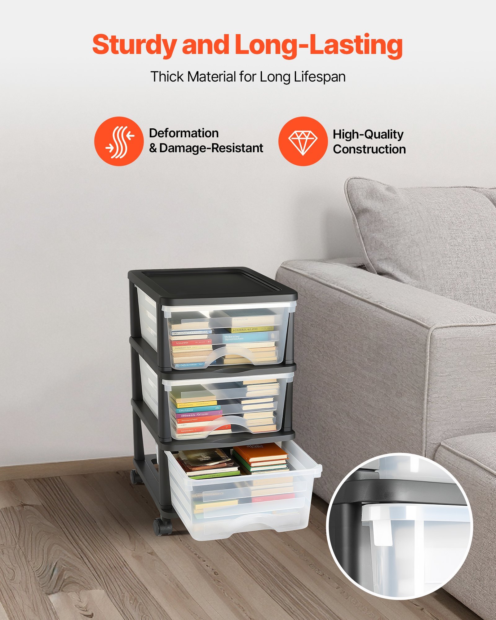 3-Drawer Rolling Storage Cart with Wheels - Closet & Craft Organizer - Image 3