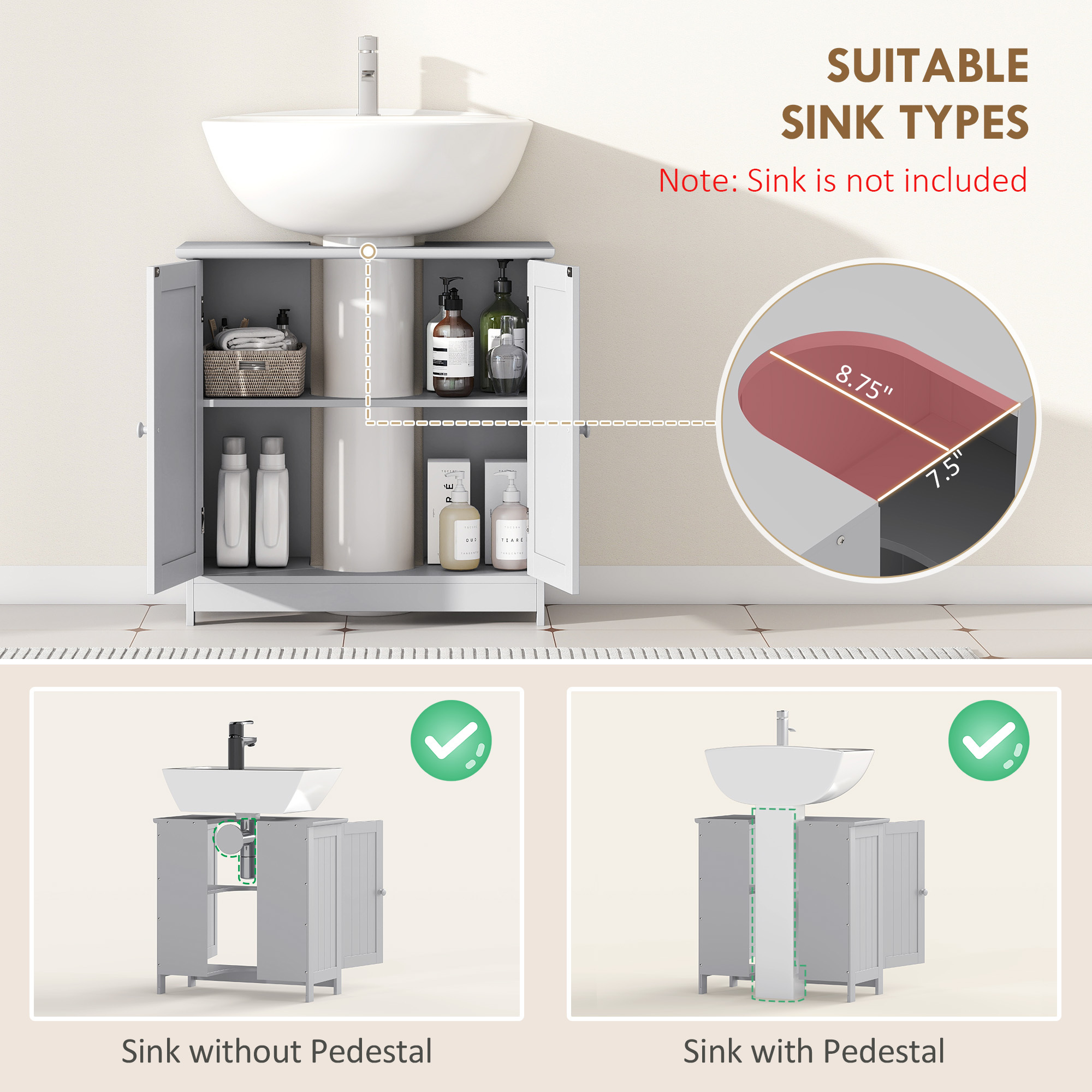 Bathroom Vanity Cabinet, Under Sink Bathroom Cabinet with 2 Doors and Adjustable Shelf, Light Gray - Image 3