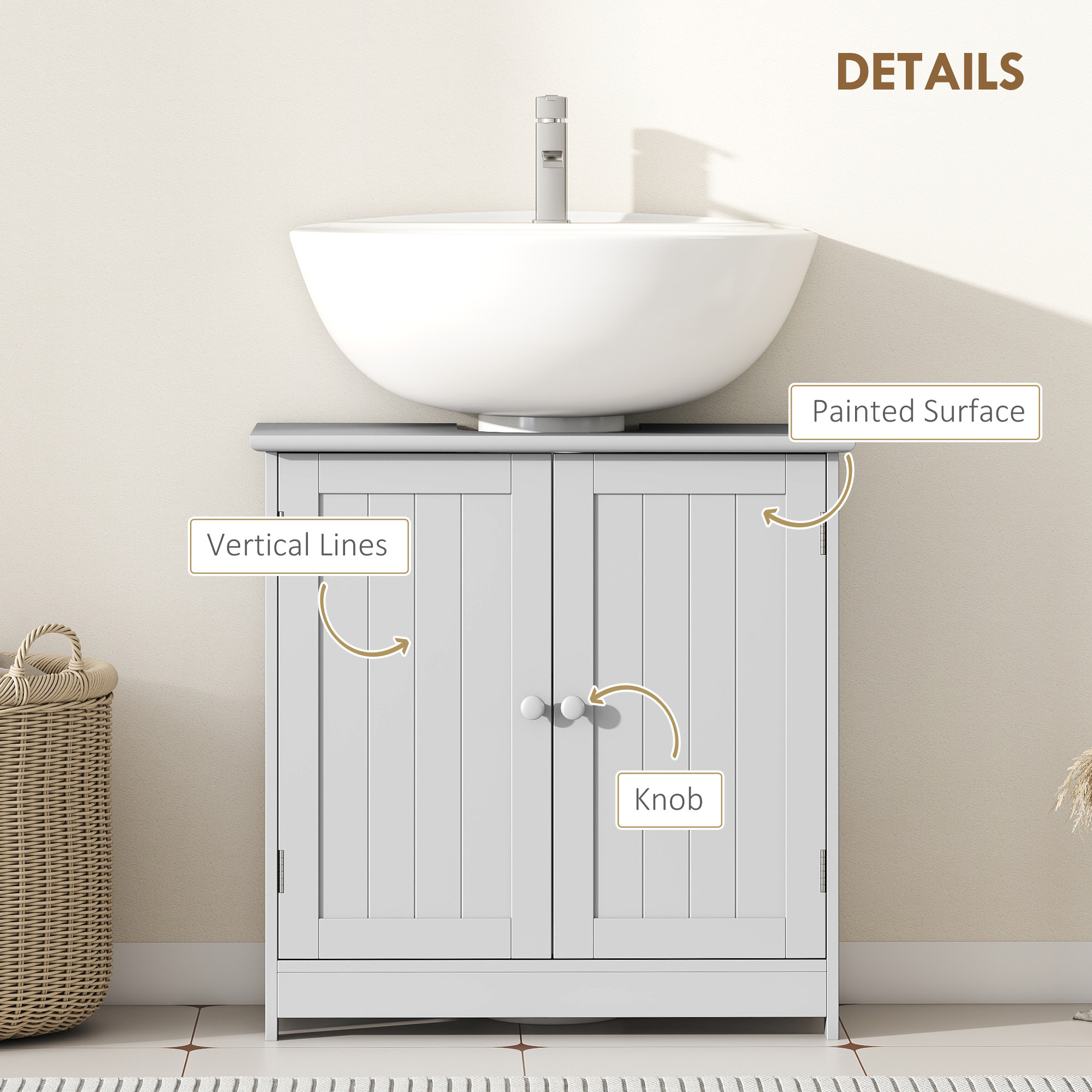 Bathroom Vanity Cabinet, Under Sink Bathroom Cabinet with 2 Doors and Adjustable Shelf, Light Gray - Image 5