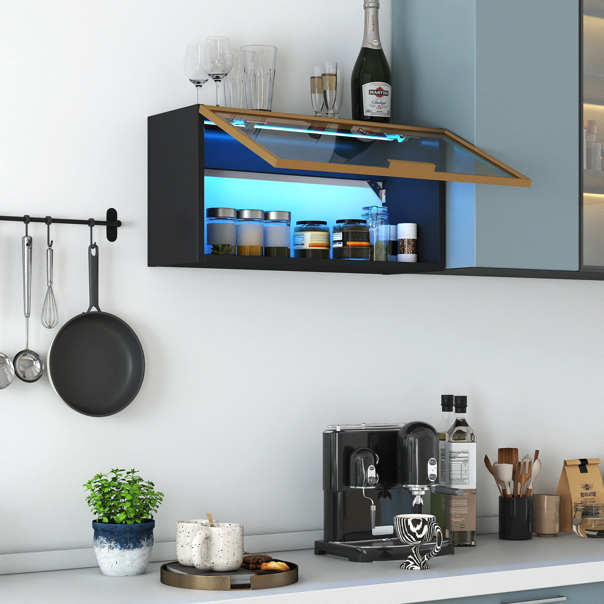 Large-Capacity Spice Rack Wall Mounted Storage Cabinet, Black Hanging Kitchen Pantry With Up-Flip Door, For Kitchen, Dining Room All Occasion - Image 2