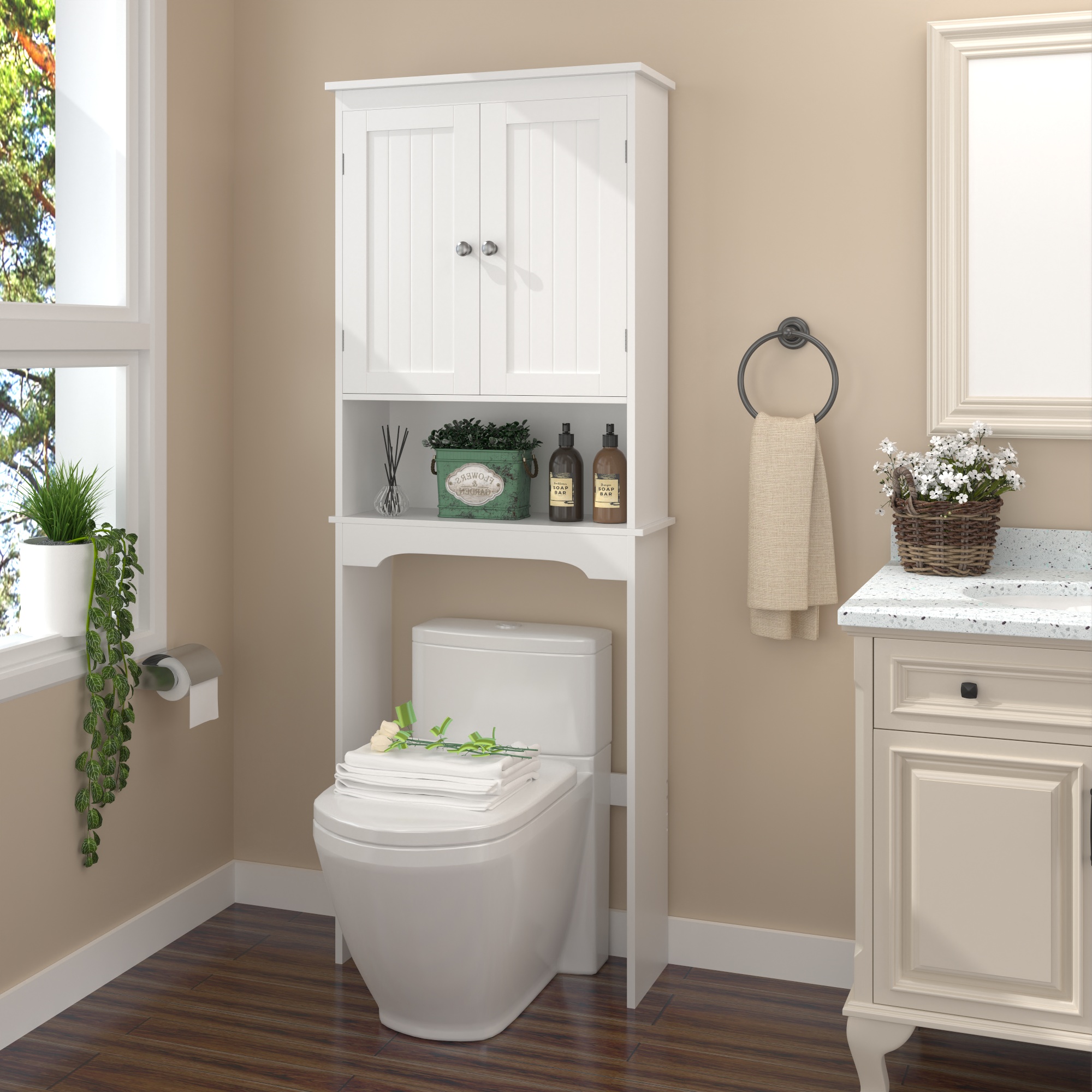 Over-The-Toilet Storage Cabinet - White Wood Bathroom Space Saver - Image 4