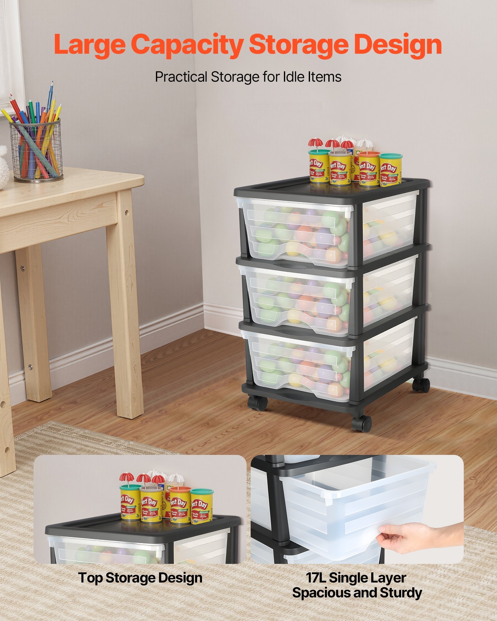 3-Drawer Rolling Storage Cart with Wheels - Closet & Craft Organizer - Image 5