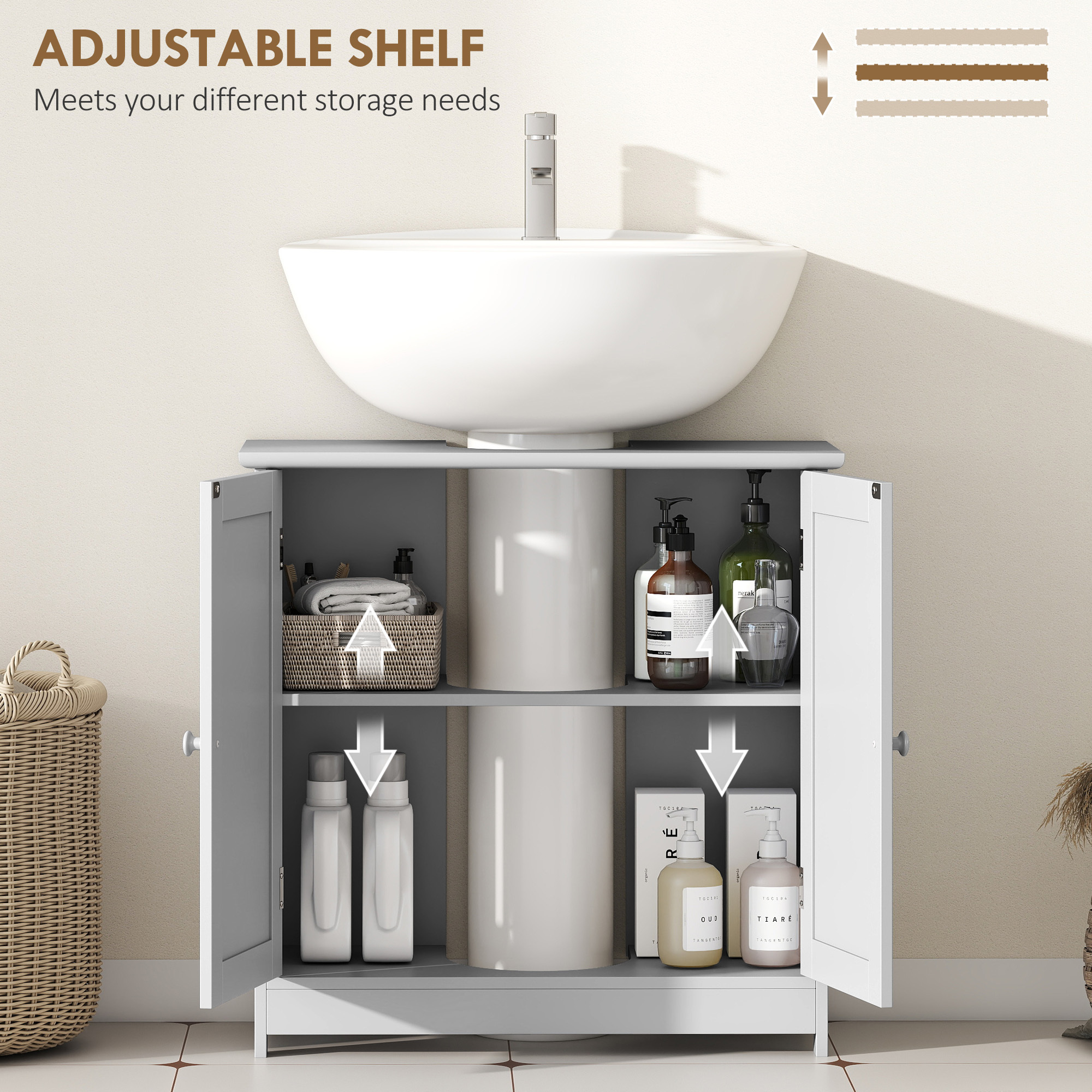 Bathroom Vanity Cabinet, Under Sink Bathroom Cabinet with 2 Doors and Adjustable Shelf, Light Gray - Image 4