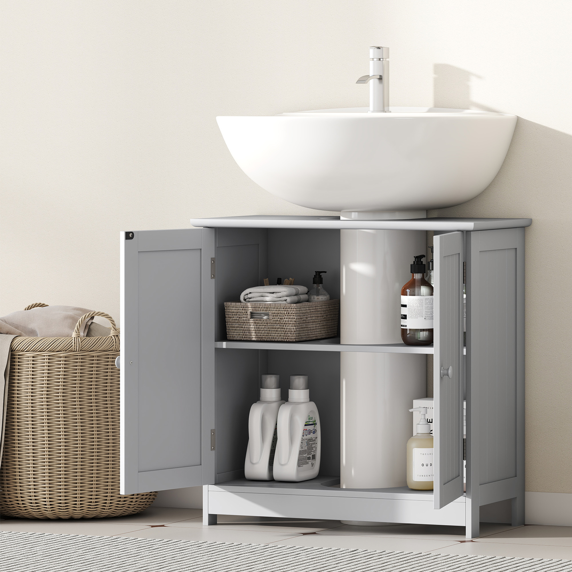 Bathroom Vanity Cabinet, Under Sink Bathroom Cabinet with 2 Doors and Adjustable Shelf, Light Gray - Image 7