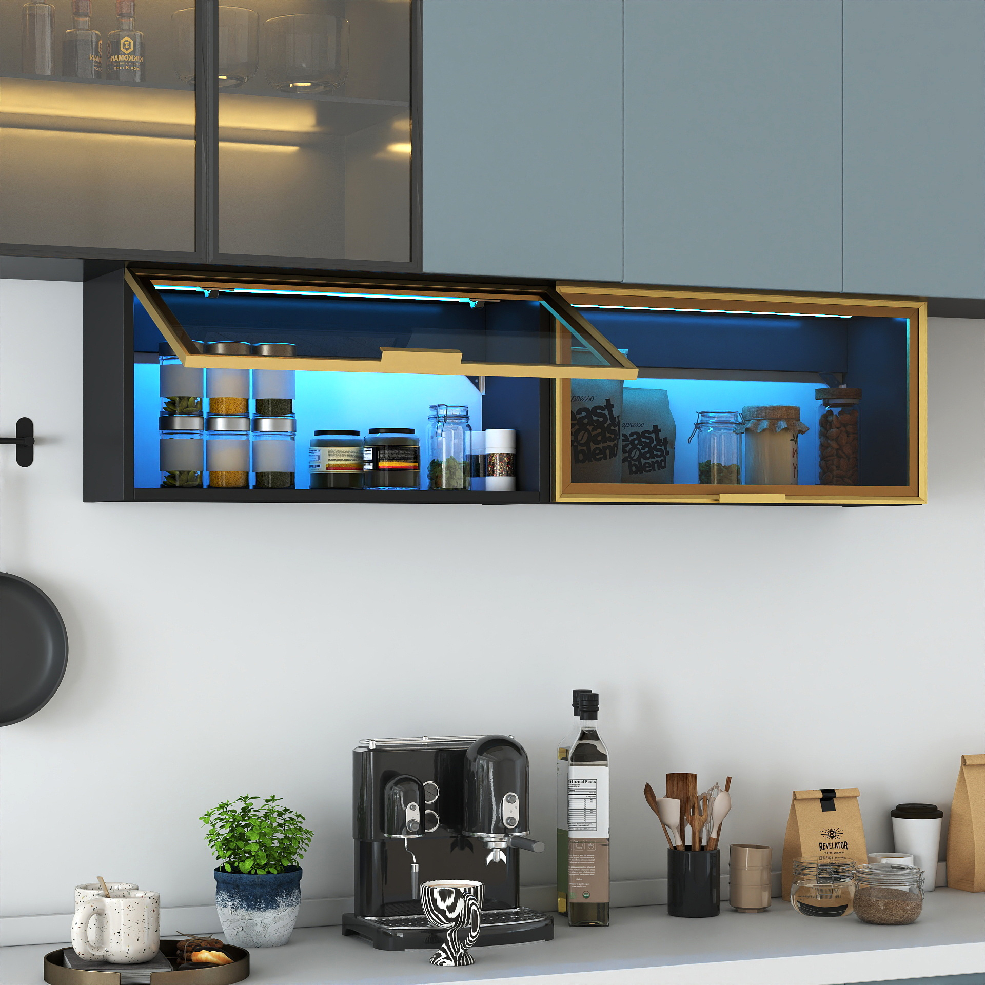 Large-Capacity Spice Rack Wall Mounted Storage Cabinet, Black Hanging Kitchen Pantry With Up-Flip Door, For Kitchen, Dining Room All Occasion - Image 5