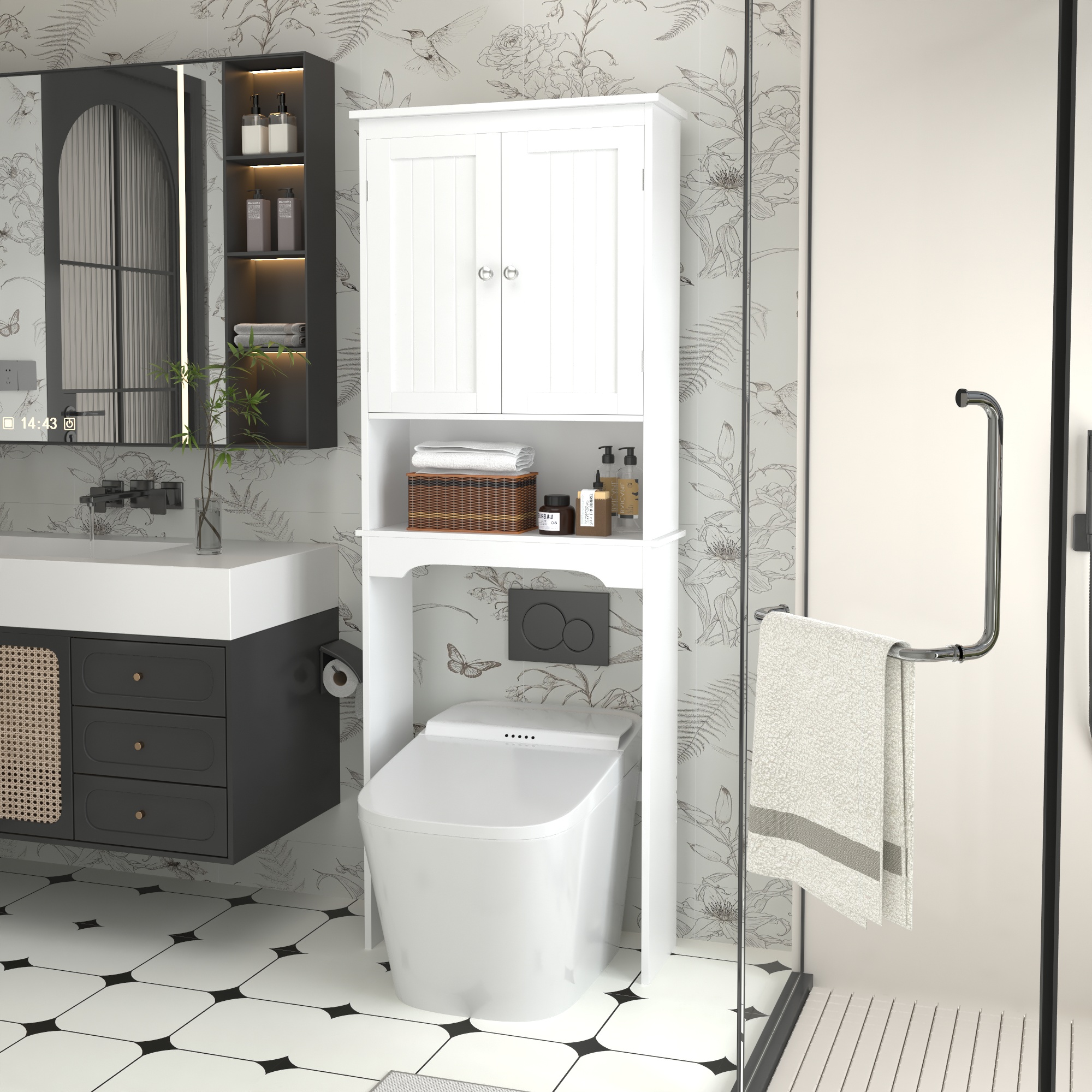 Over-The-Toilet Storage Cabinet - White Wood Bathroom Space Saver - Image 5
