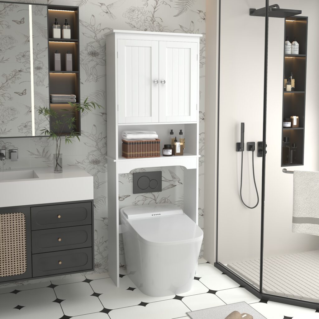 Over-The-Toilet Storage Cabinet - White Wood Bathroom Space Saver