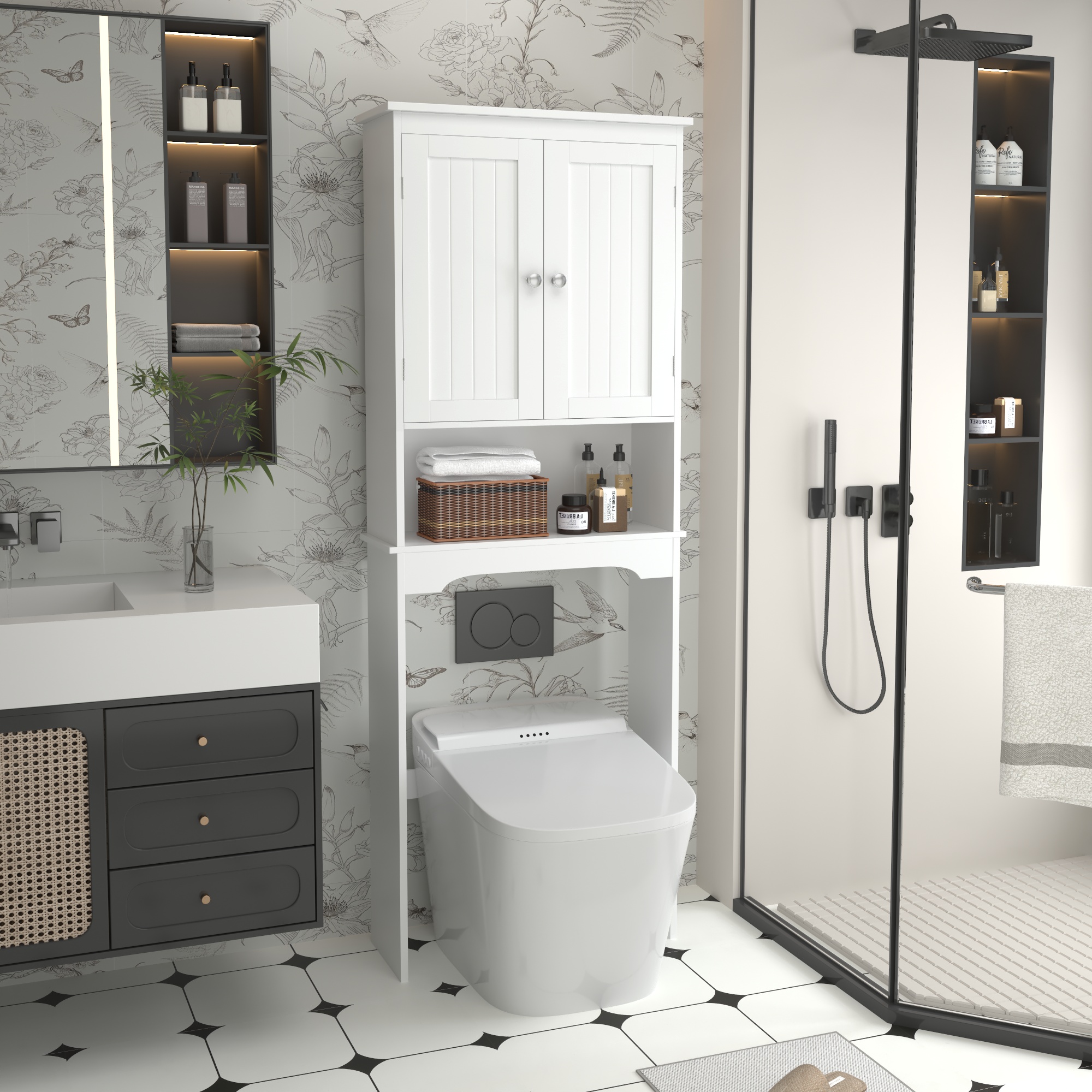 Over-The-Toilet Storage Cabinet - White Wood Bathroom Space Saver