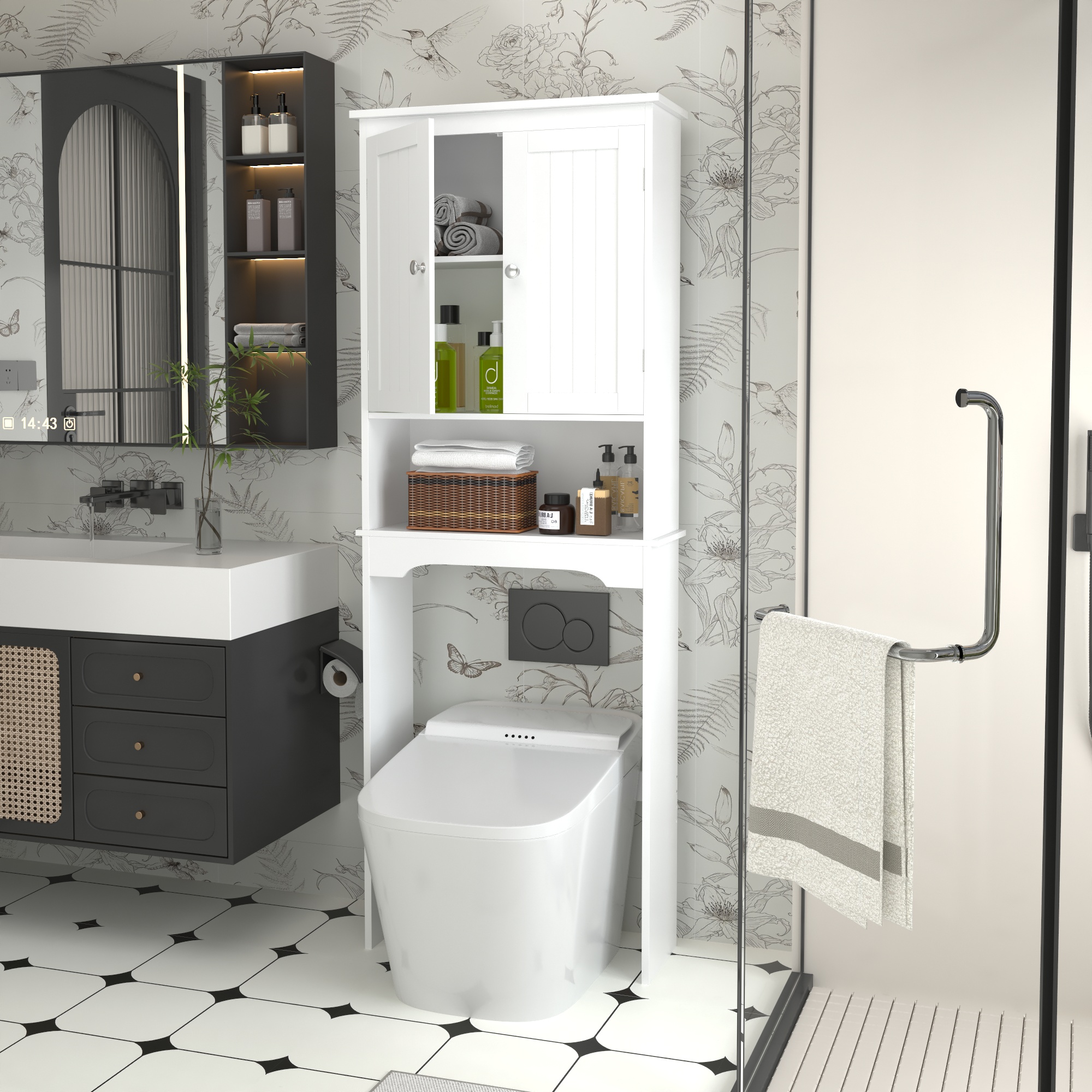 Over-The-Toilet Storage Cabinet - White Wood Bathroom Space Saver - Image 3