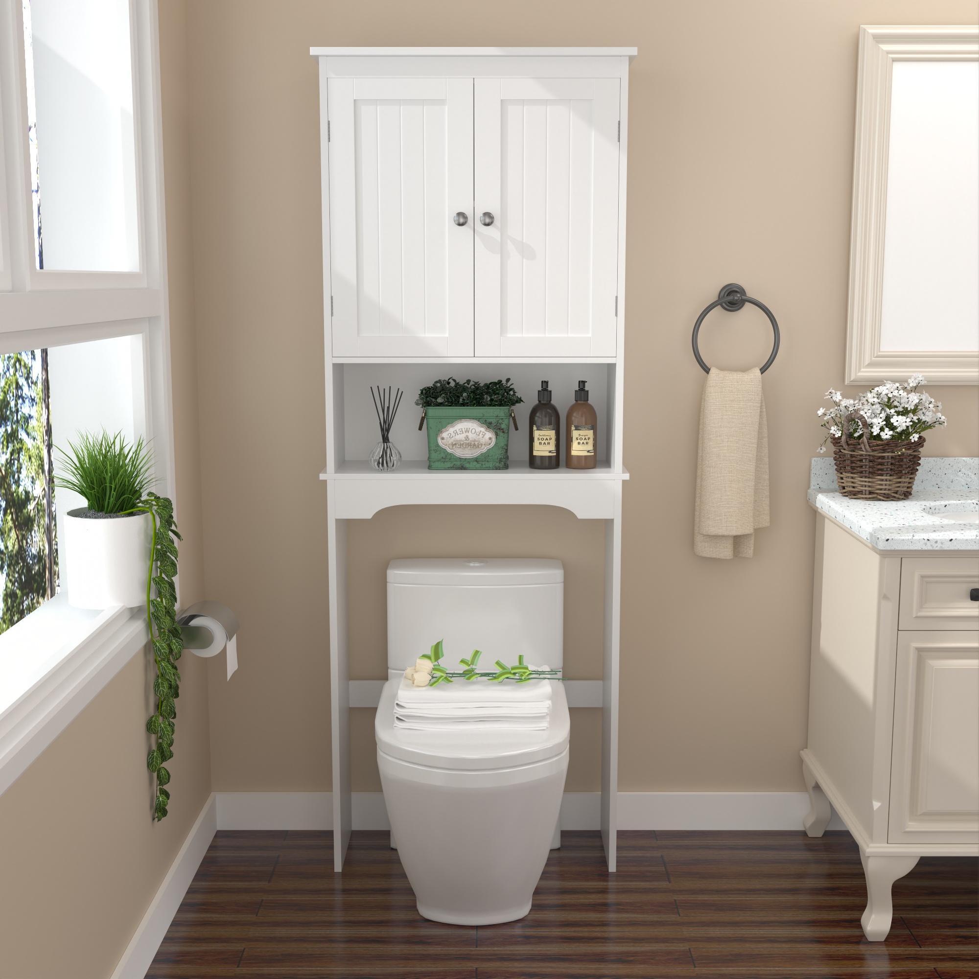 Over-The-Toilet Storage Cabinet - White Wood Bathroom Space Saver - Image 2