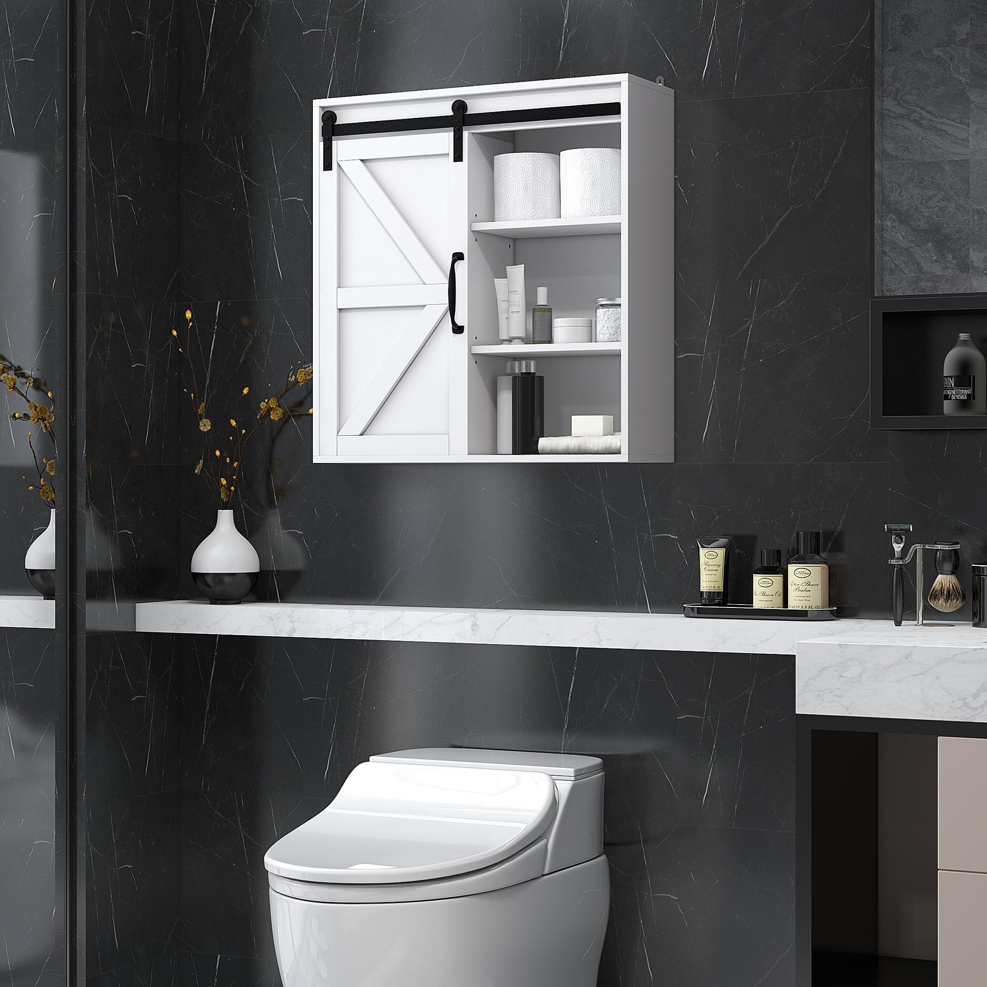 Bathroom Medicine Cabinet, Wall Cabinet with Sliding Door and Adjustable Shelf, 22.75" x 7.75" x 24.5", White - Image 2