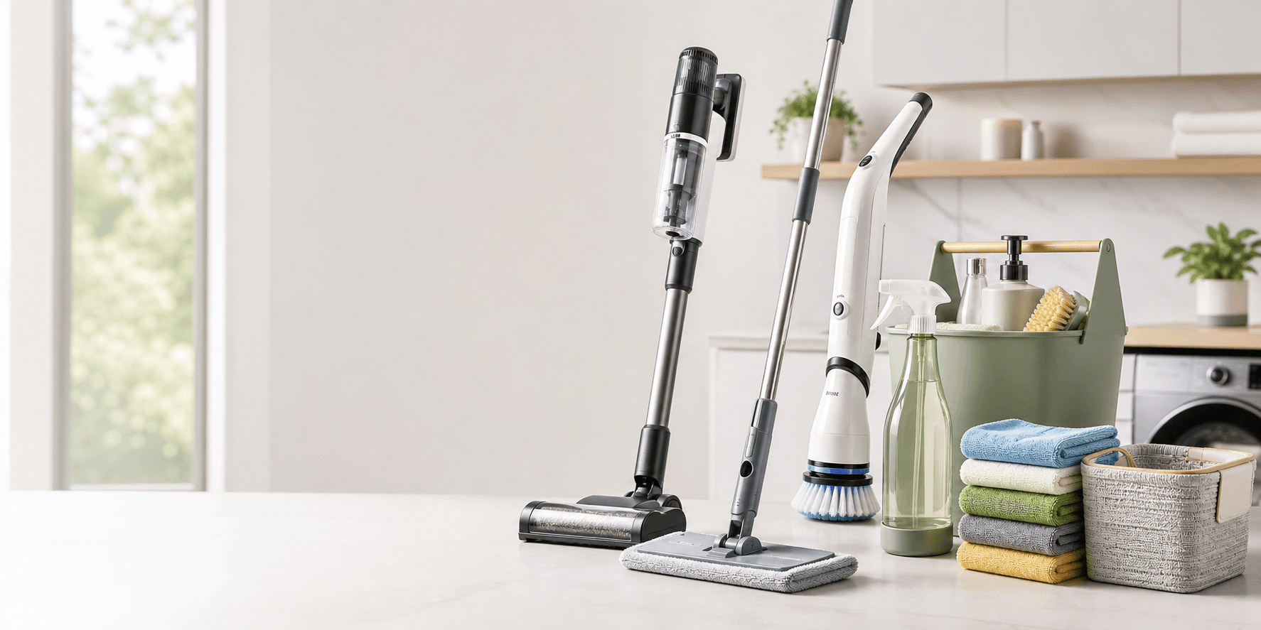 Modern home and cleaning products arranged in a bright laundry room
