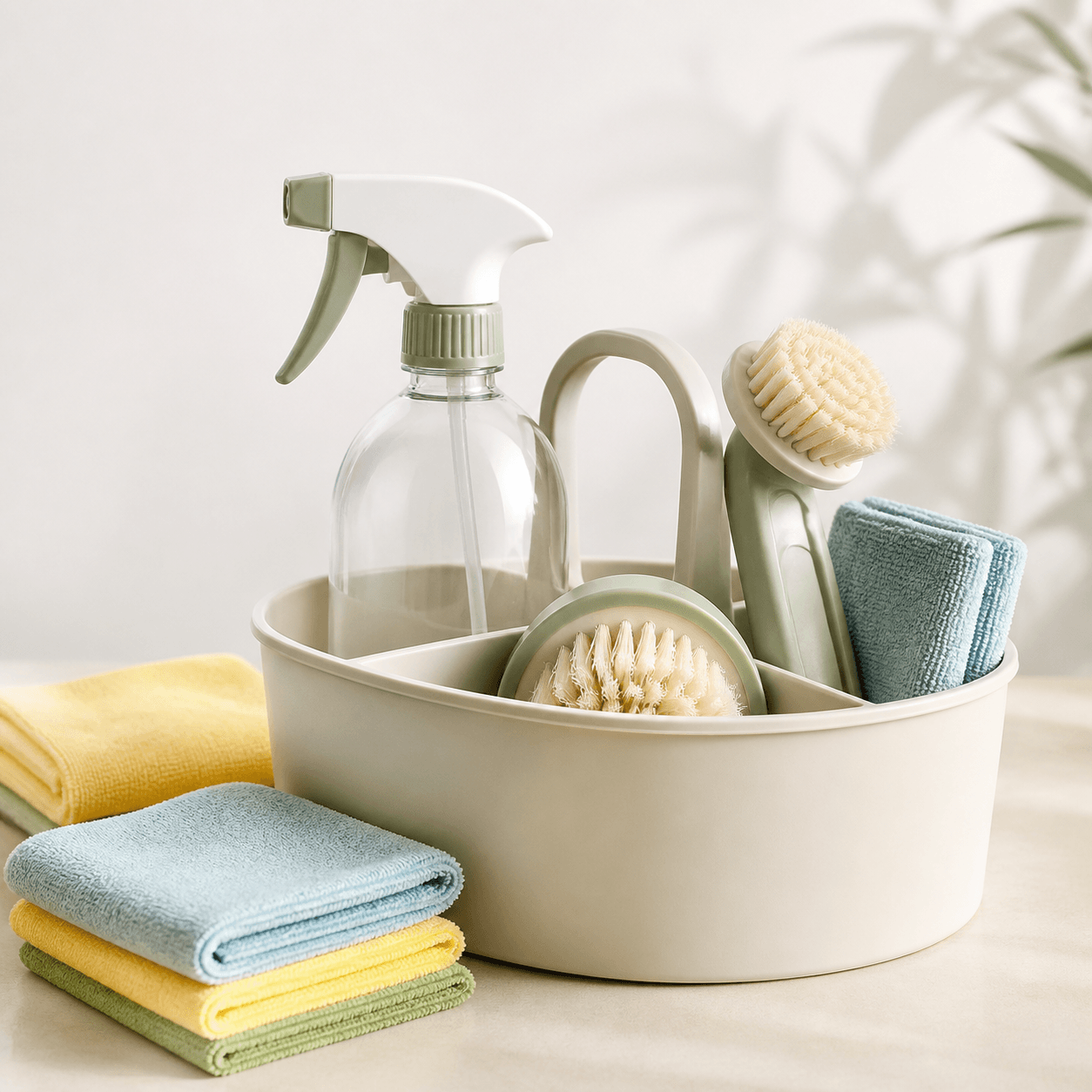 Cleaning caddy with spray bottle brush and microfiber cloths